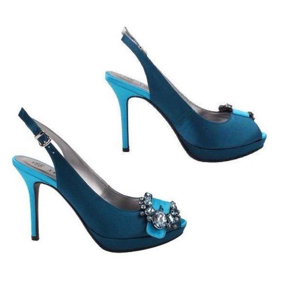 J.Renee Shoes - SOLD❗️ New J Renee REGINA Teal & Peacock Jeweled Peeptoe Satin Shoes in Size 8.5